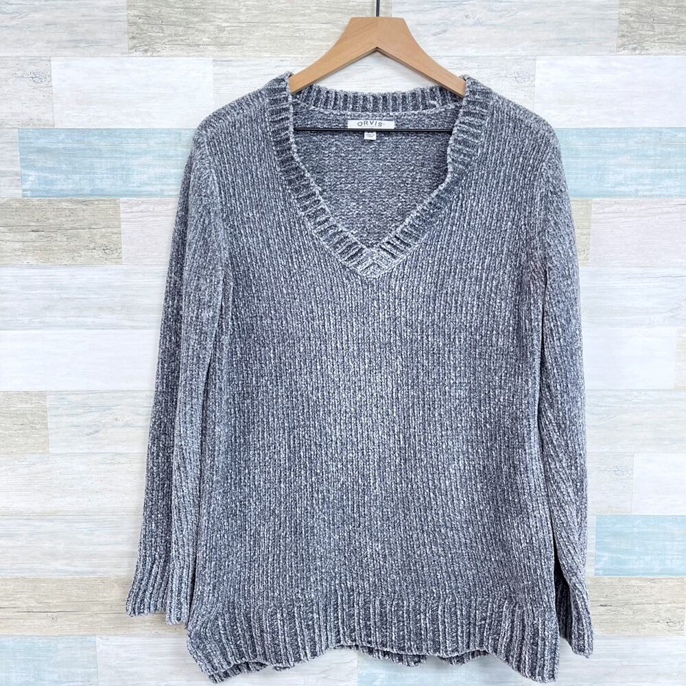 Orvis Soft Chenille Ribbed V Neck Sweater Gray Stretch Casual Womens Medium